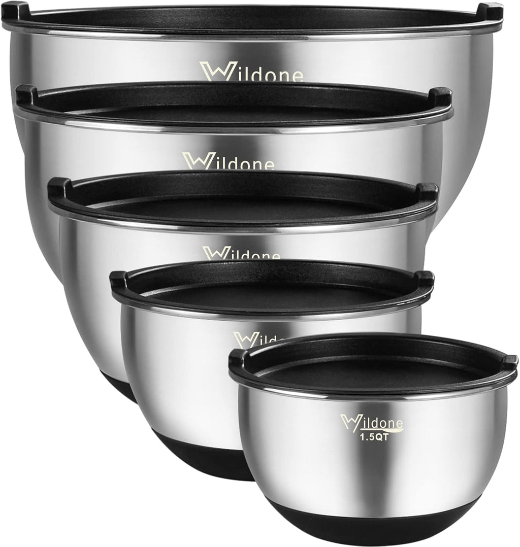 Wildone Mixing Bowls - Stainless Steel Nesting Set of 5 with Airtight Lids & Non-Slip Bottoms | 1.5-8 QT