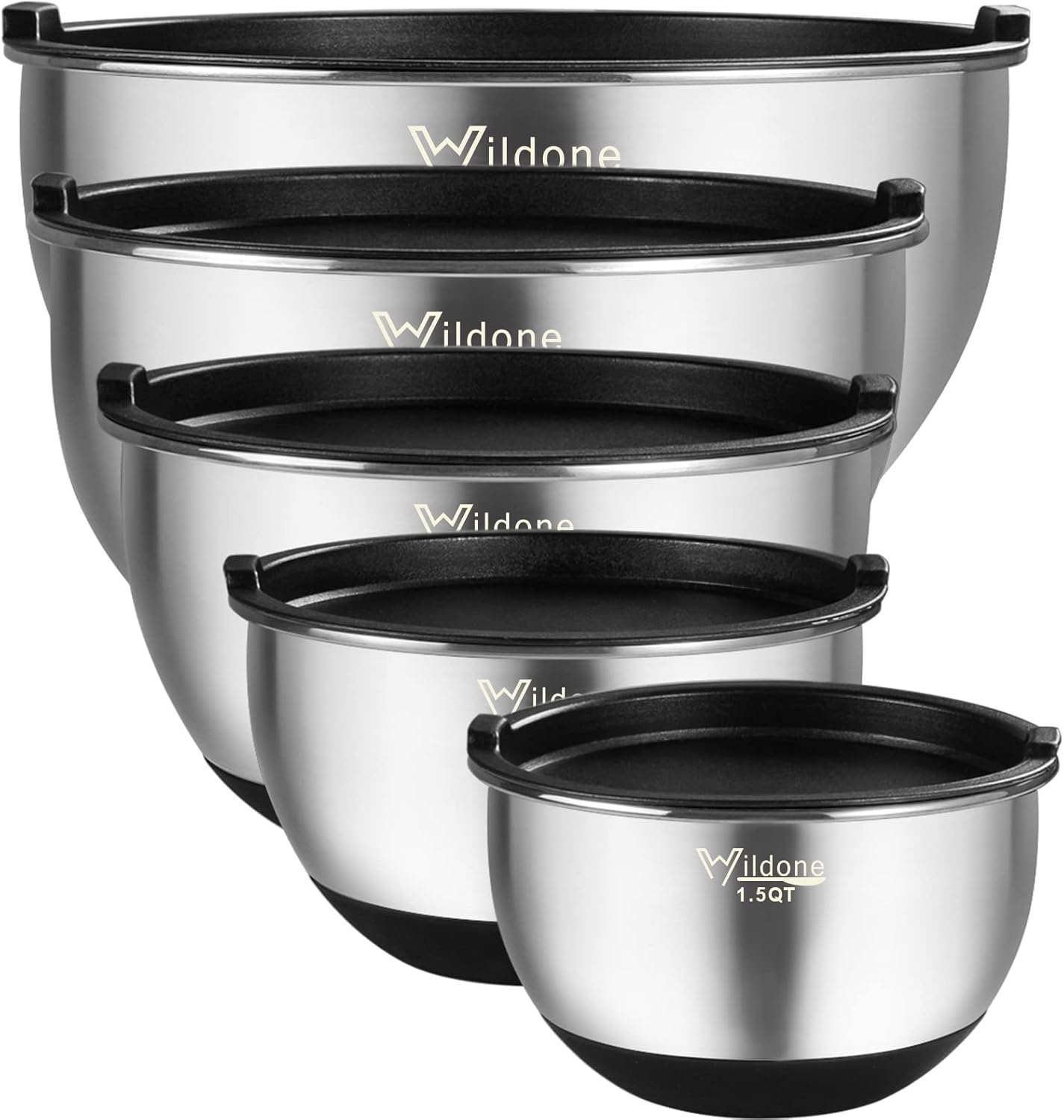 Wildone Mixing Bowls - Stainless Steel Nesting Set of 5 with Airtight Lids & Non-Slip Bottoms | 1.5-8 QT