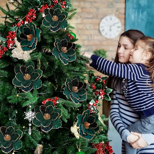 ZHANGBY 12 Pcs Velvet Poinsettia Christmas Flower Ornaments, 8.8 Inch Dark Green