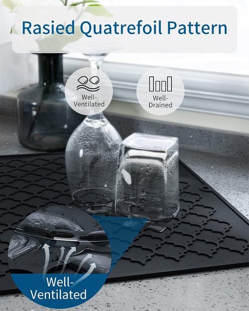 AMOAMI Dish Drying Mat - Heat Resistant Silicone Kitchen Pad | 12" x 16" - Black Color