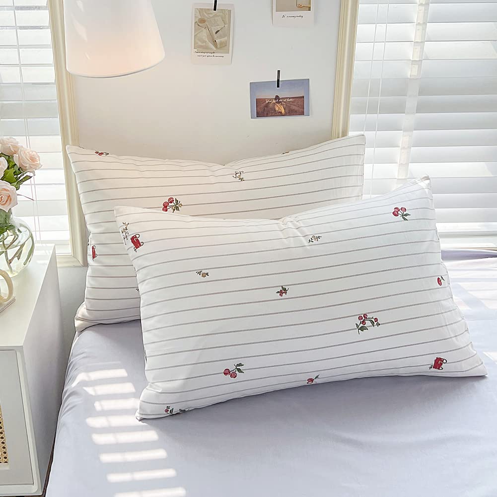 BlueBlue Cherry Kids Duvet Cover Set Queen 100% Cotton Bedding for Boys Girls Teens Cartoon Red Cherries Floral Pattern on Striped White 1 Cute Fruit Full Comforter Cover 2 Pillow Shams, Queen