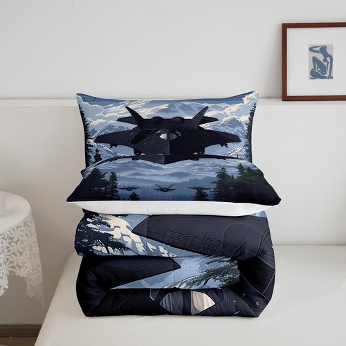 Manfei Modern Airplane Twin Size Comforter Set for All Seasons,Military Black Fighter Plane Aircraft Bedding Set Bedroom Decor,Snowy Mount Pines Trees Nature Paint Comforter Inner Fill with 1 Pillow