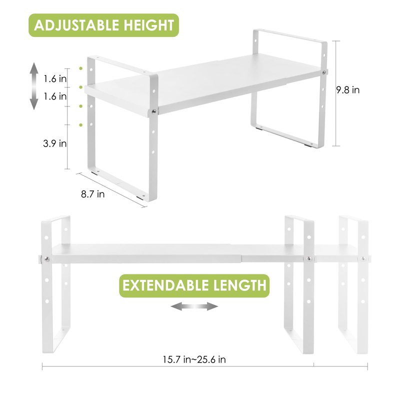 Across-Star Expandable Cabinet Shelf Organizer Rack, Stackable Kitchen Counter Storage Shelves Stand, Adjustable Height Pantry Shelf Spice Rack (White, 1 Pack)