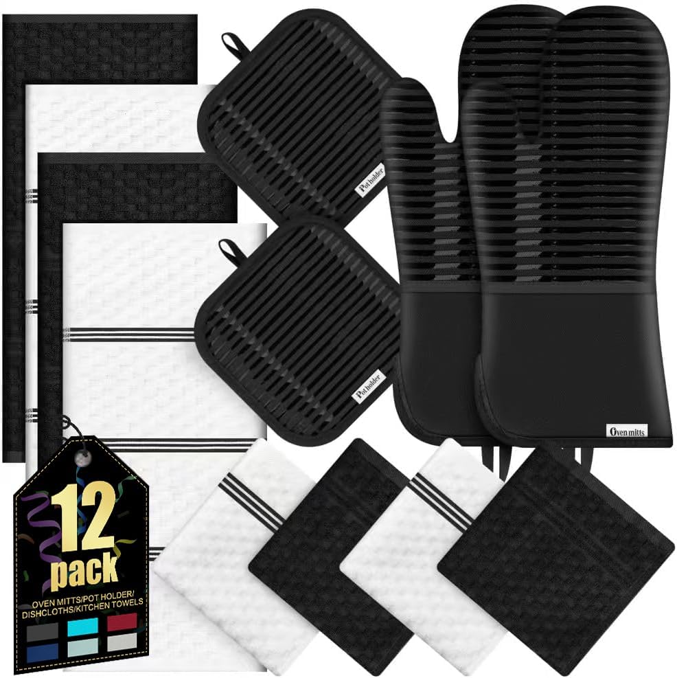 Skiennix Oven Mitts Set - Heat Resistant 500°F with Silicone Grip | Includes 2 Gloves, 2 Potholders, 4 Towels