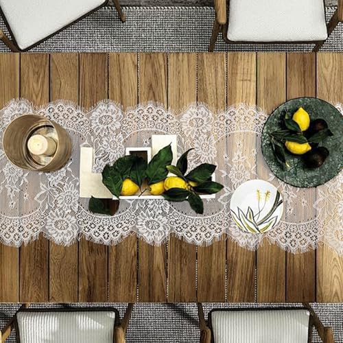 12 Pack White Lace Table Runners 14x120 Inch for Wedding & Party Decor