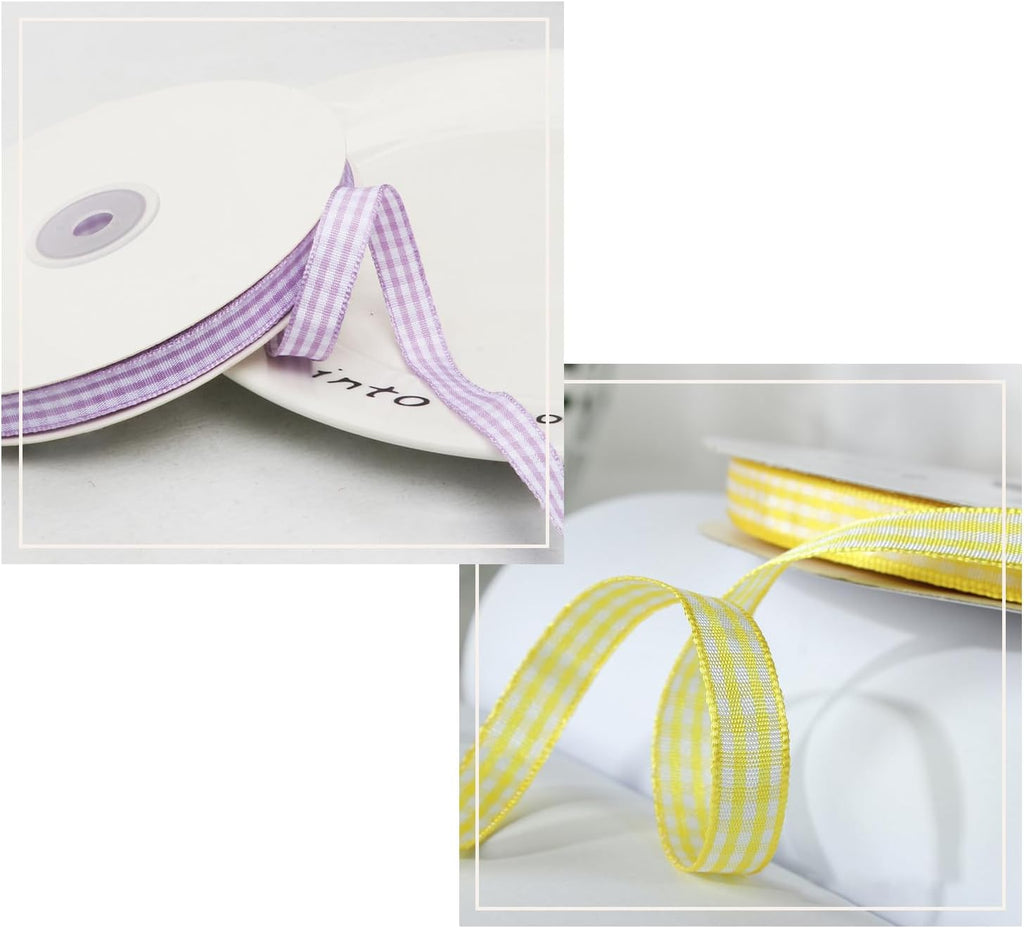 Skiennix Gingham Ribbon - Thin Checkered Polyester for Gift Wrapping & DIY Crafts | 10 Yds x 3/8 In, 4 Rolls in Pink/Purple/Blue/Yellow