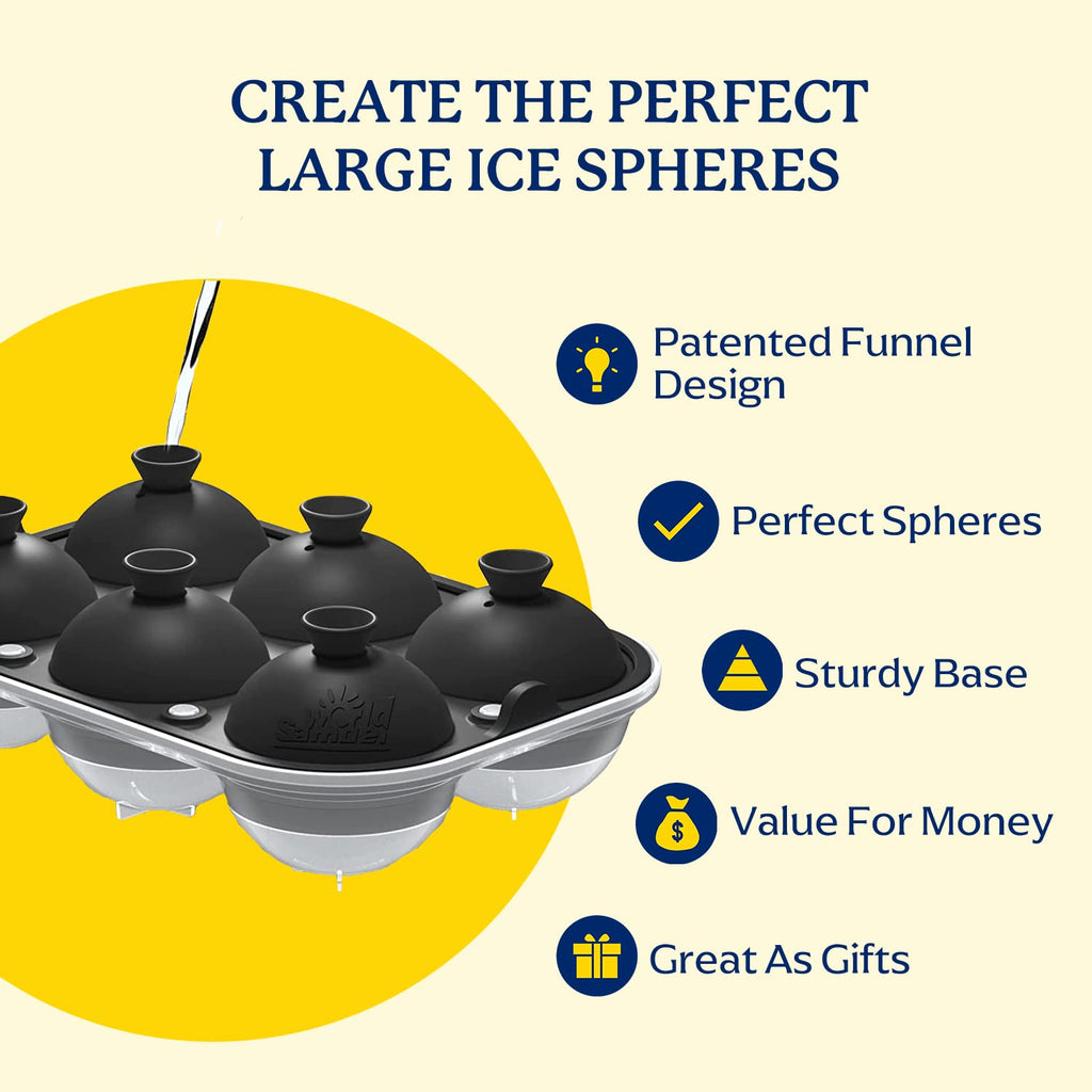 Samuelworld Large Ice Ball Maker with Lid, 6 x 2.5 Inch Ice Balls - BPA Free, Easy To Fill Round Silicone Ice Tray, Perfect Spheres Craft Ice Maker for Whiskey, Cocktails, Gifting - Black