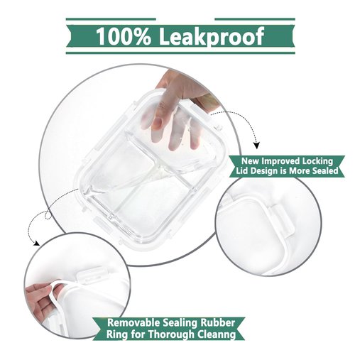 HOMBERKING 8 Pack Glass Meal Prep Containers 3 Compartment, 36oz Glass Food Storage Containers with Lids, Airtight Lunch Bento Boxes, Leak Proof (8 lids & 8 Container) - Light White