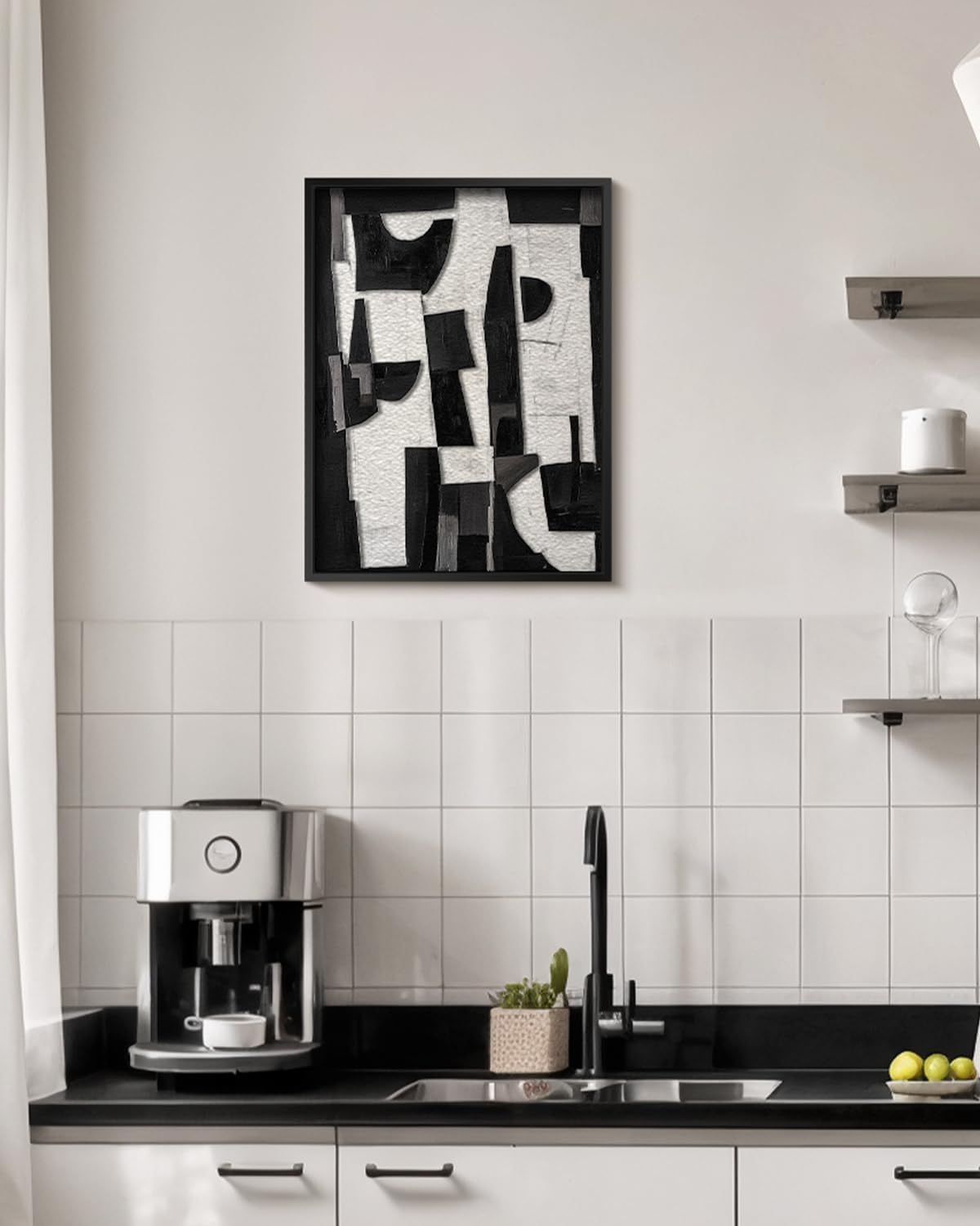 Skiennix Modern Black & White Abstract 3D Stacked Sandstone Wall Art - 12x16 Geometric Design in Metal Frame for Minimalist Decor