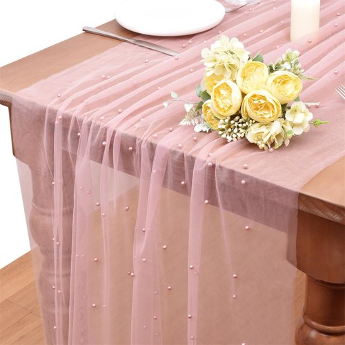 Dlpafzy Dusty Rose Pearl Table Runner Boho Rustic Tulle Lace Spring Easter Table Runner for Baby Shower Wedding Arch Decor Veil Dessert Table Decor 3pcs
