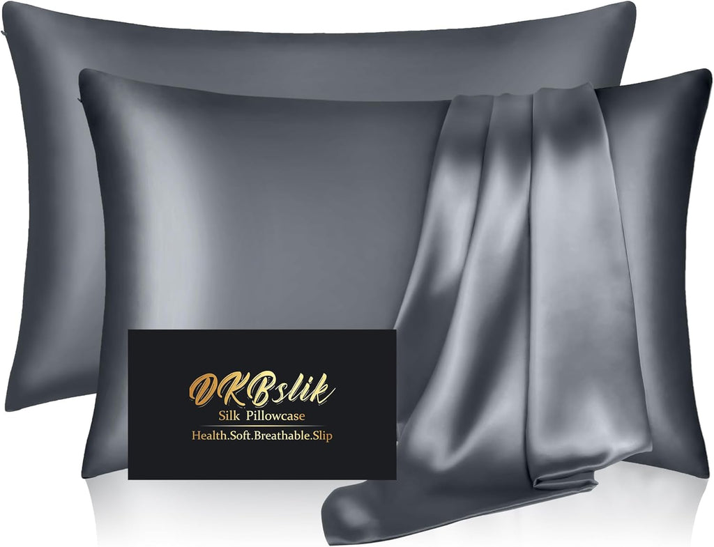 Mulberry Silk Pillowcase Set by Skiennix - Anti-Acne & Hair Care | Queen Size, Space Grey, 2 Pack