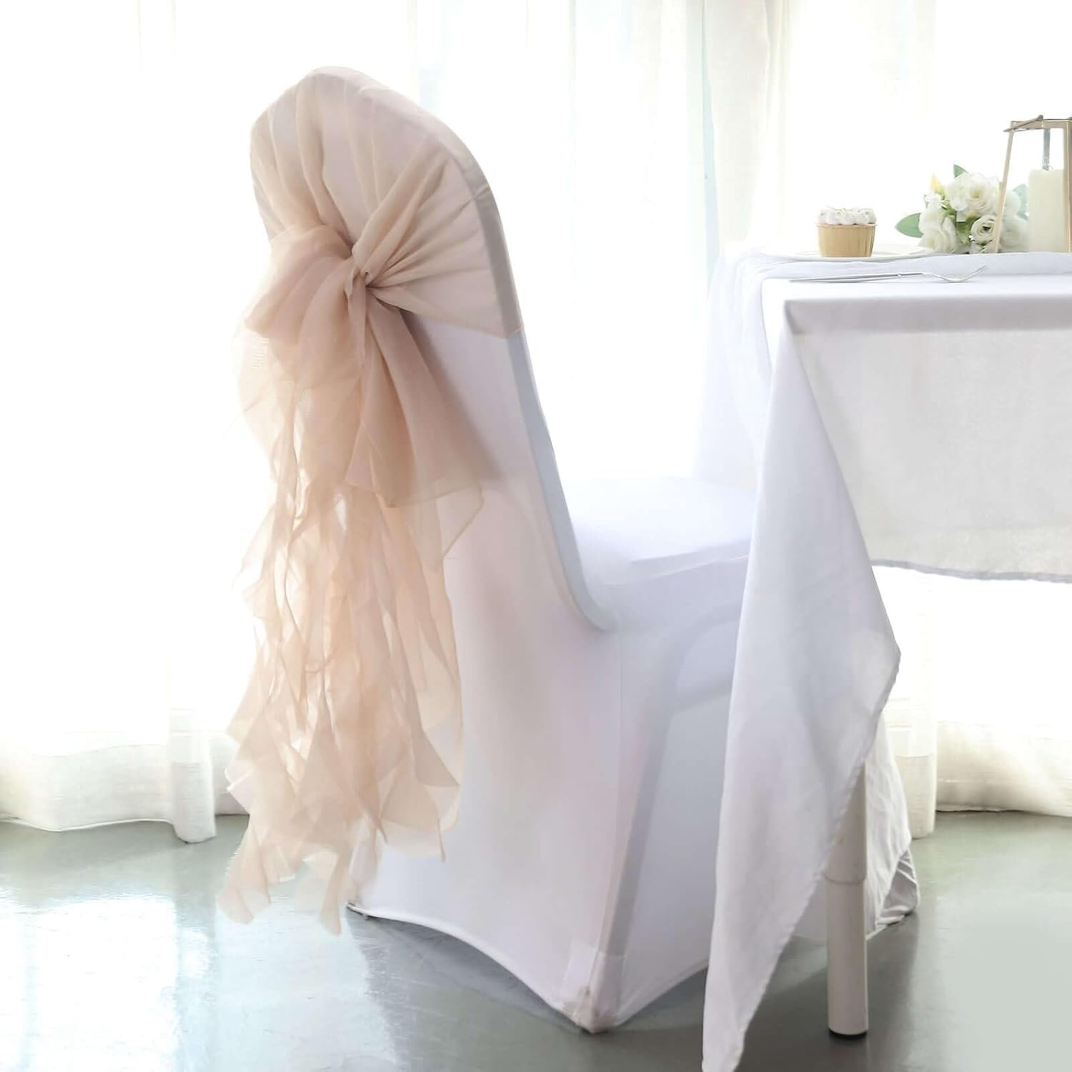 TableclothsFactory Premium Designer Curly Willow Chiffon Chair Sashes - Nude | Perfect for Weddings & Events