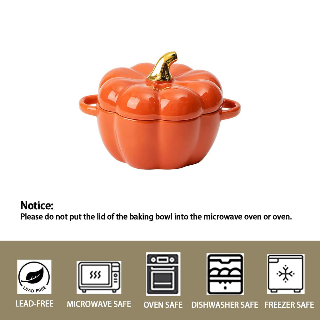 FYUEROPA Pumpkin Bowl Set with Lid and Handle, Set of 4 Ceramic Ramekins for Baking, Casserole Dish Individual Severing Pot, Stoneware, Oven Safe, 14 Oz (Orange)