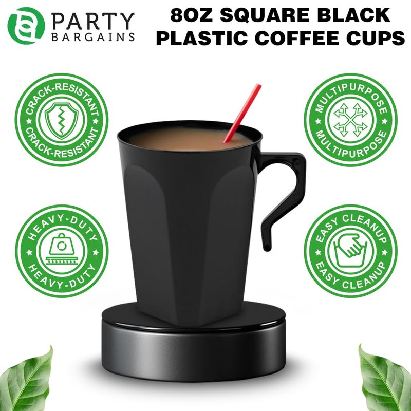 PARTY BARGAINS 8oz Disposable Plastic Coffee Cups with Handles, Ivory with Gold Band, 32 Count, Elegant Round Tea & Hot Beverage Cups for Weddings, Catering & Events
