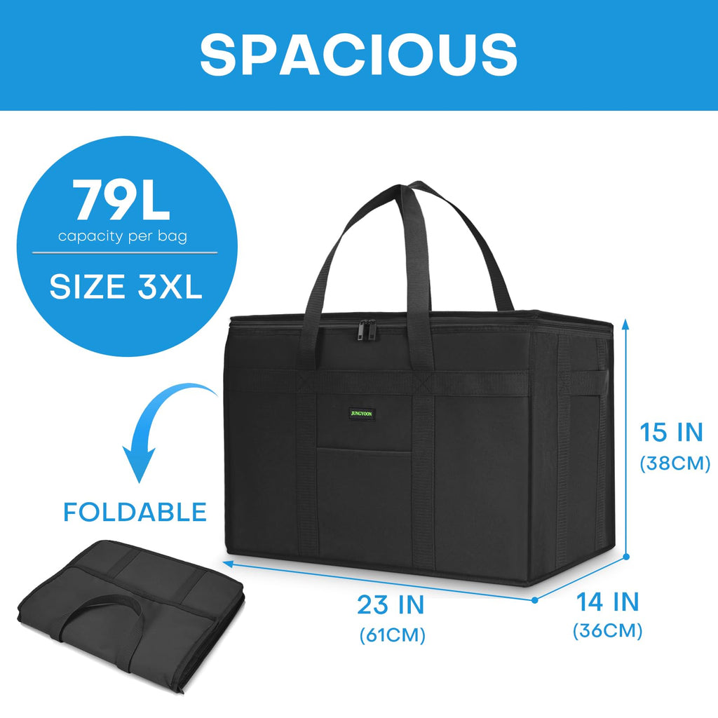 JUNGYOON Heavy-Duty Insulated Grocery Bags & Insulated Bag-Collapsible Cooler Bag with Zippered Top | Reusable Shopping Bags for Groceries, Picnics(Black, (23''x14''x15''))