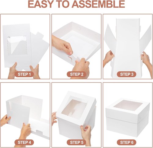 Mcfleet 10-Inch Cake Boxes - 10 Pack Tall Bakery Containers with Window | Disposable White Cardboard for Events