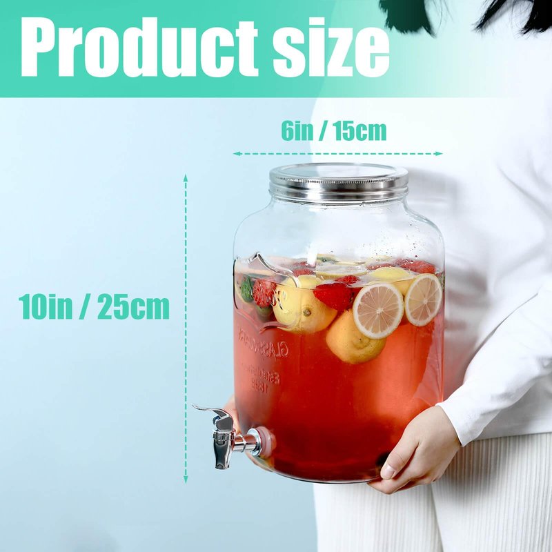 1 Gallon Glass Drink Dispensers for Parties, Large Beverage and Water Dispenser, Lemonade Dispenser, Sun Tea Glass Jar for Outside, With a Fruit Infuser, Two Spigots (PP Spigots)