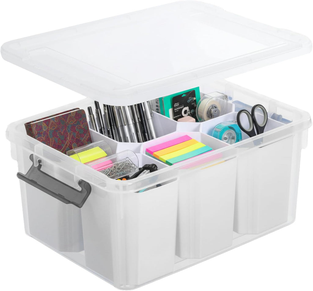 Trivon Plastic Storage Bins - Versatile 17 QT Clear Container with 6 Removable Inserts | White, 15.94x7.61x7.28 Inches