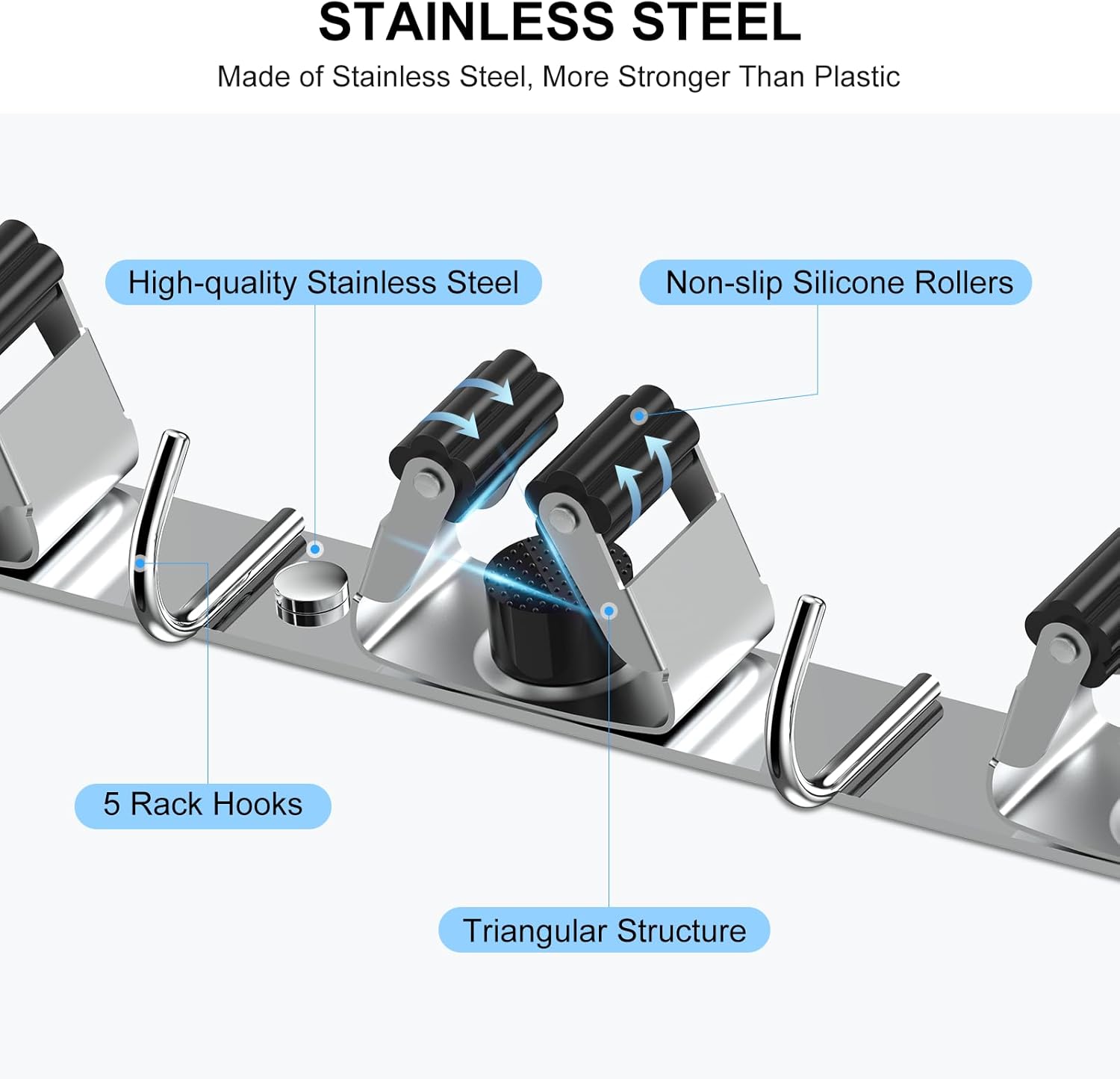 Nacena Broom Holder - Wall Mount Mop Hanger with 4 Racks & 5 Hooks | Heavy-Duty Stainless Steel Organizer for Home