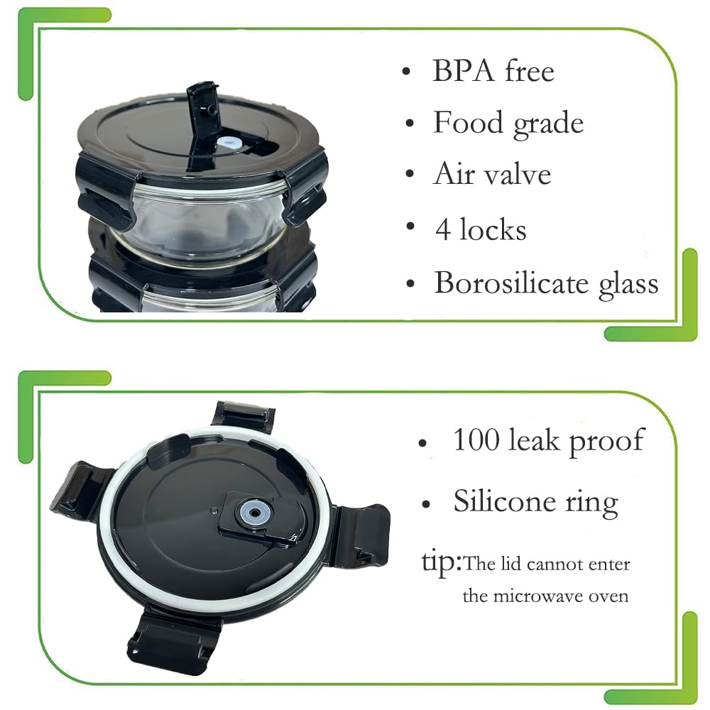 R.repad yay 12Oz Round Glass Food Containers With Lids, Small Round Glass Meal Prep Containers,1.5 Cup Clear Food Storage Containers With Lids BPA-Free, Microwave, Dishwasher, Freezer Safe（Black）