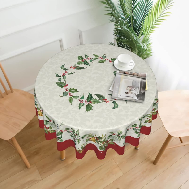 Sweetshow Merry Christmas Round Tablecloths 60 Inch Holiday Tablecloth Decor Winter Gold Green Table Cloth Polyester Fabric Season Outside Table Cover for Kitchen Outdoor Indoor Party