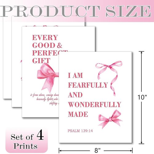 Hapons Coquette Pink Bow Wall Art Decor | Inspirational Bible Verses for Teen Girls' Rooms | 8"x10" Unframed Prints (4 PCS)