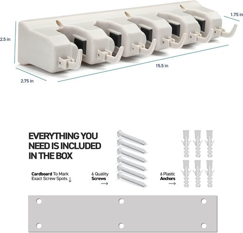 Garage Storage Organizer | Mop and Broom Holder Wall Mount by [Brand Name] - 5 Slots, 6 Hooks, 7.5lbs Capacity - Off-White for Home & Kitchen