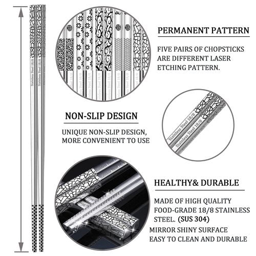 Metal Chopsticks 6 Pairs Stainless Steel Reusable Chopsticks Cute Laser Engraved Non-slip Korean Japanese ,18/8 Stainless steel Dishwasher Safe for Cooking Eating 9 1/4 Inches 6 Pairs
