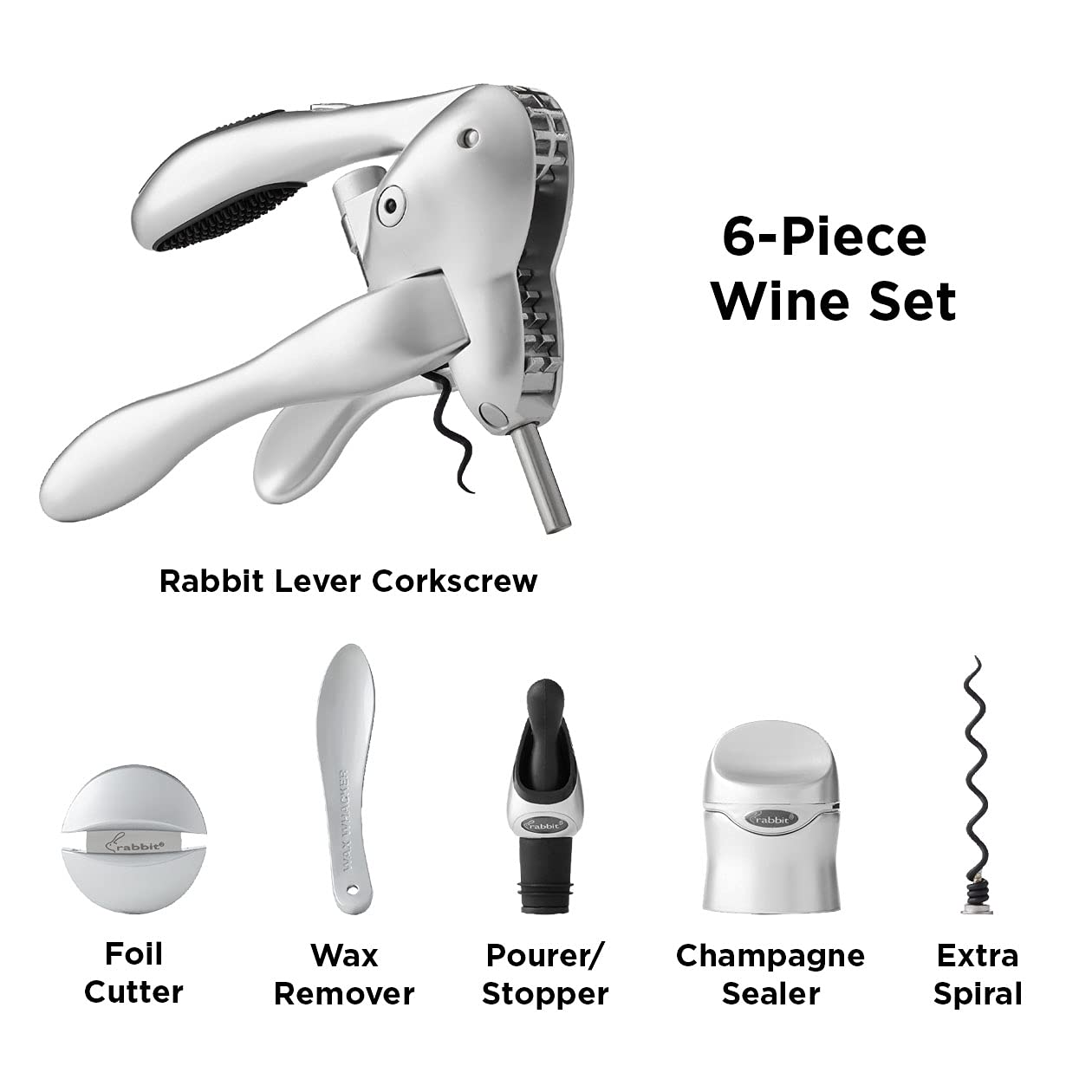 Rabbit Wine Tool Kit (Silver), 6 Piece Set