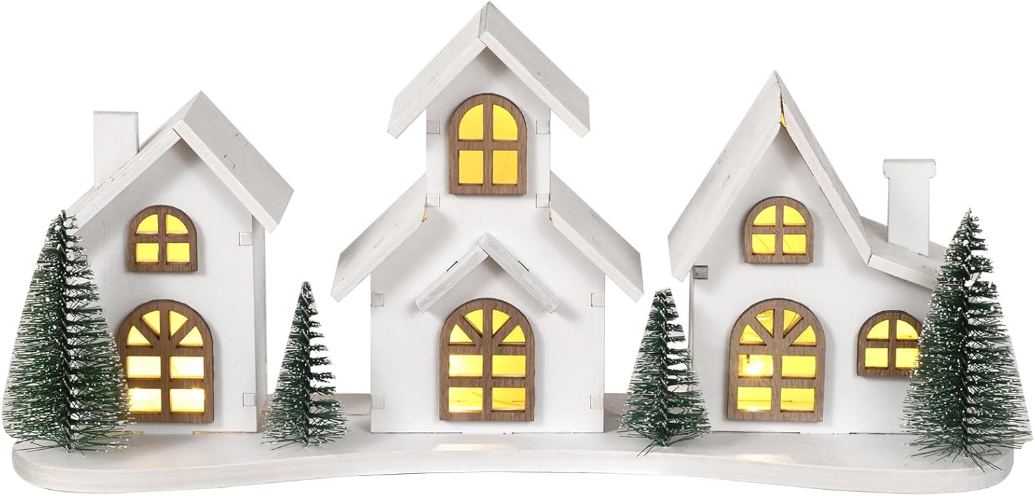 Skiennix White Christmas Village House Decoration - LED Lights & Wooden Centerpiece | Mini Winter Town Tabletop Decor