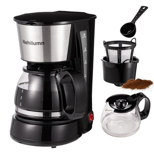 Nehilumn 4 Cups Drip Coffee Maker, Coffee Pot Machine Permanent Coffee Filter, Mini,20Oz Electric Coffee Maker,650W Black and Stainless Steel