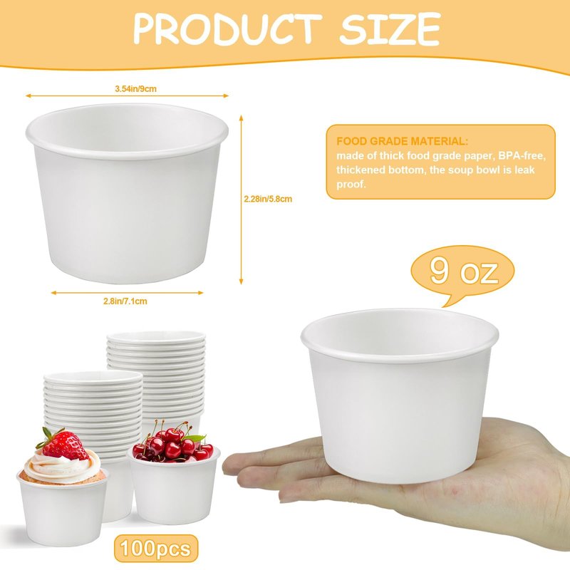 TKOnline 100 Pcs 9 Ounce White Paper Ice Cream Cups Disposable Soup Bowls Treat Snack Cups Disposable Paper Cups Dessert Bowls for Hot or Cold Food, Frozen Yogurt, Sundae, Soup ﻿