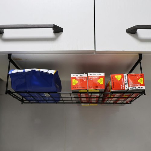 OKOMATCH Foil and Plastic Wrap Organizer Kitchen Under Cabinet Desk Pantry Hanging Organizer Storage Foldable Rack (Black)