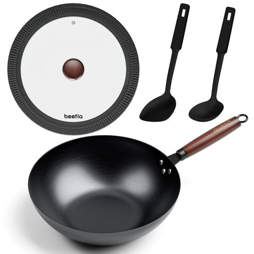 BEETLA Steel Wok Pan, 11.8-inch/12.6-inch/13.4-inch Stir Fry Pans Chinese Wok Flat bottom Iron wok for Induction, Electric, Gas, Halogen All Stoves Ideal for Stovetop Cooking (12.6-inch)