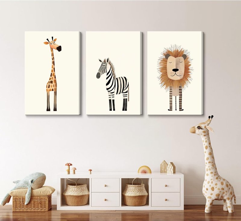 Safari Nursery Wall Art Baby Animal Canvas Wall Decor Cute Giraffe Lion Zebra Jungle Pictures Prints Posters for Baby Boy Girl Children's Room Bedroom Home Decorations 16x24inx3 Framed