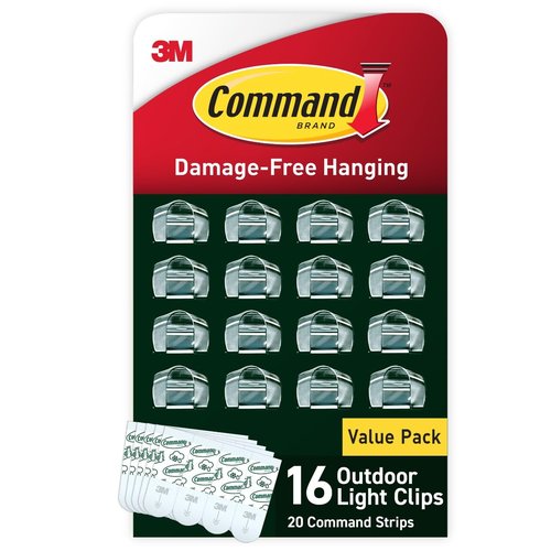 Command Outdoor Light Clips - 16 Clear Clips & 20 Adhesive Strips for Damage-Free Hanging