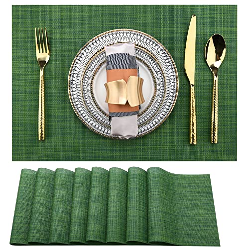 Green Vinyl Placemats Set of 8 - Washable, Heat-Resistant, Wipe Clean 17x12 Inch