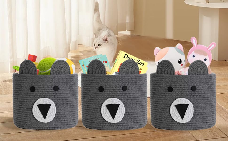 Homearda Foldable Rope Bin with Cute Bear Design, Decorative Animal Basket for Toys, Blanket, Towels, Clothes - Grey, 16"D x 14"H