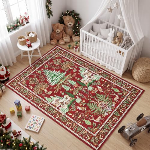 Garvee Red 4x6 Christmas Area Rug with Tree & Animal Prints - Festive Home Decor