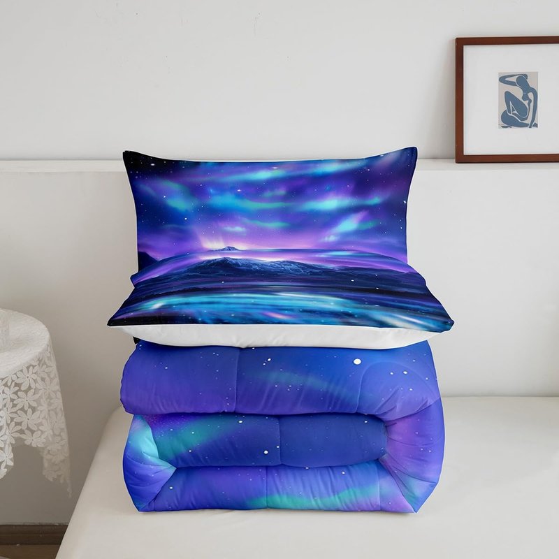 Feelyou Northern Light Comforter Set Soft Galaxy Bedding Set Blue Purple Starry Sky Aurora Decor Quilted Duvet Bed Set with Comforter for Girls Boys Bedroom (Twin, 2 Pieces)