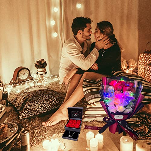 Artificial Rose Bouquet Gift Set with Love Necklace and LED Light