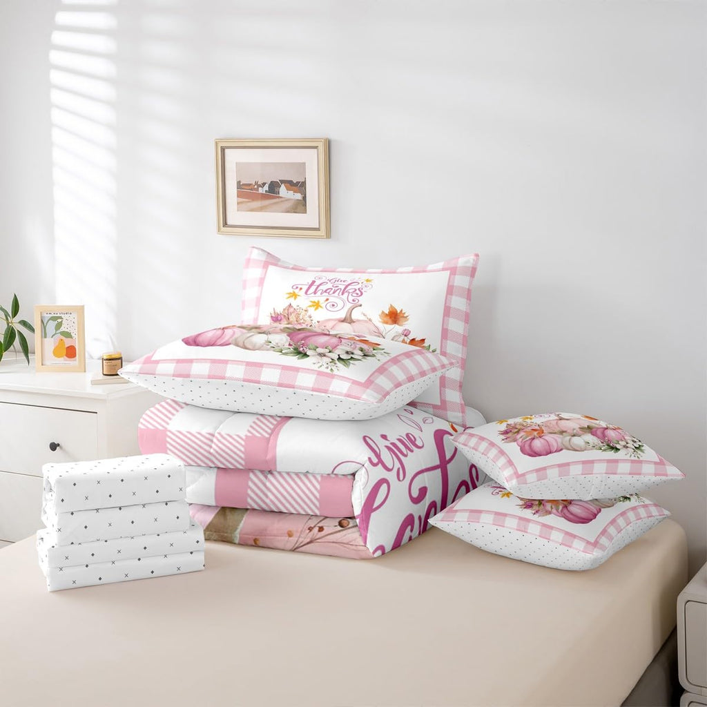 Feelyou Kids Pink Fall Comforter Set Full Size 7 Pieces Comforters Fall Pumpkin Floral Bedding Set Autumn Harvest Grid Bed Set Bed in a Bag with Comforter, Sheets, Pillowcases & Cushion Covers