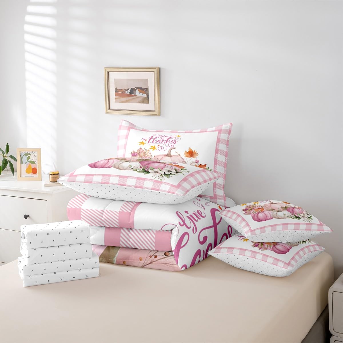Feelyou Kids Pink Fall Comforter Set Full Size 7 Pieces Comforters Fall Pumpkin Floral Bedding Set Autumn Harvest Grid Bed Set Bed in a Bag with Comforter, Sheets, Pillowcases & Cushion Covers