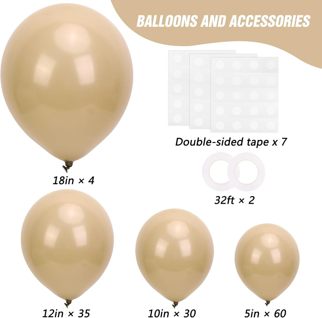 RUBFAC Vanilla Brown Beige Balloons - 129-Piece Neutral Boho Garland Kit for Weddings & Parties | 5-12 Inch Sizes
