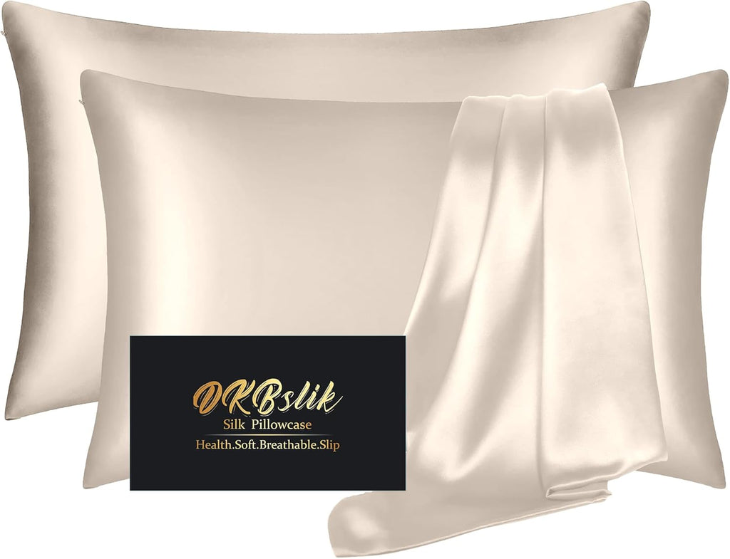 Skiennix Mulberry Silk Pillowcases - Smooth, Anti-Acne Beauty Sleep Set of 2 | Standard Size, Beige