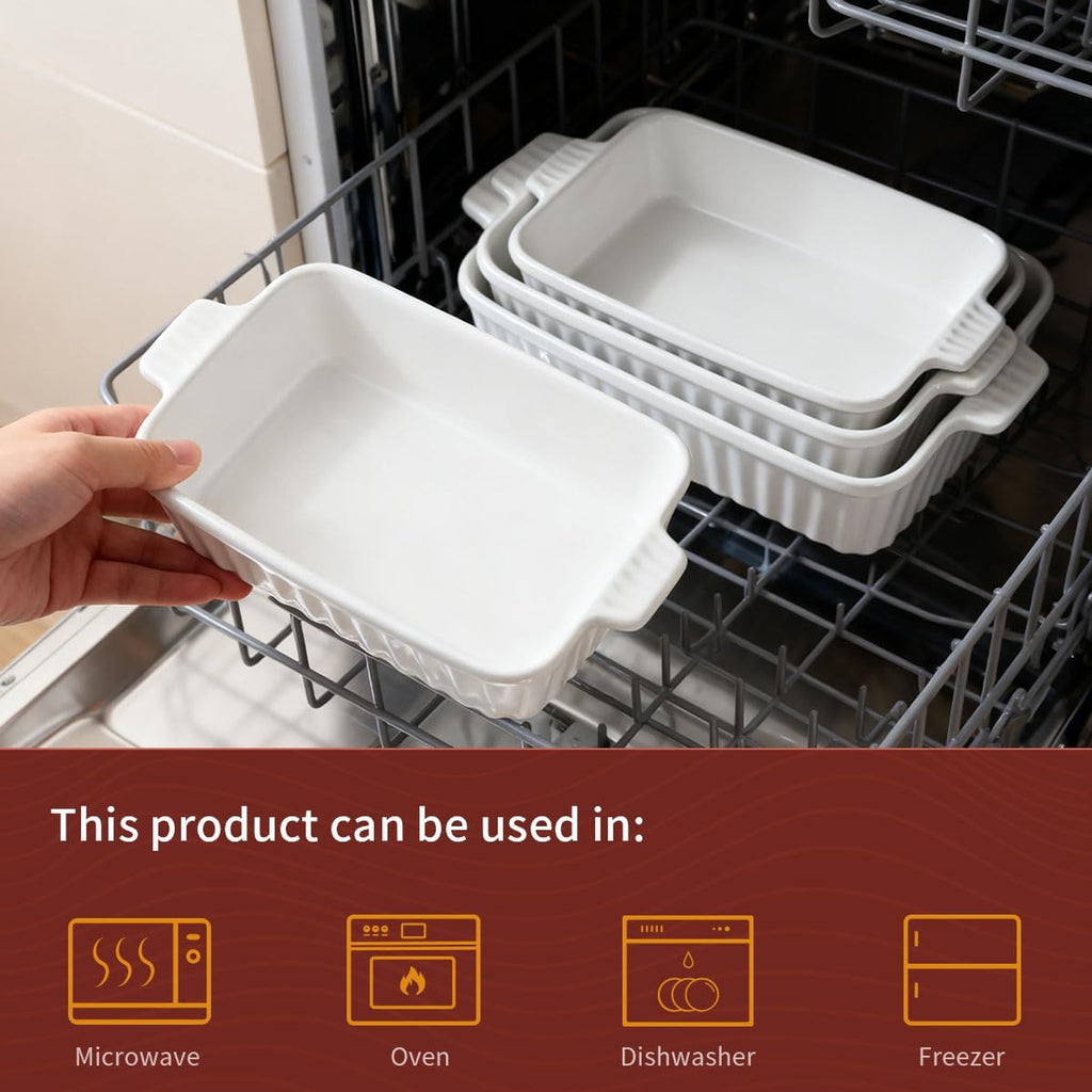 WishDeco Ceramic Casserole Dishes Set - 4-Piece White Porcelain Bakeware for Oven & Microwave | Rectangular Lasagna Pans with Handles (15''/12.4''/11''/9.6'')