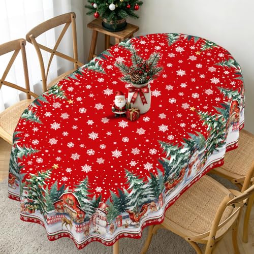 Oval 60x120in Red Snowflake Christmas Tablecloth - Tree, Santa & Gingerbread Design