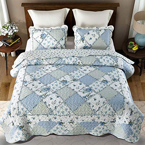 VIVILINEN Blue Floral Patchwork Quilt Set - 3 Piece Full/Queen Bedspread