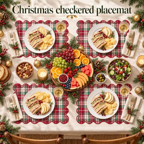 Gandeer Linen Placemats Set of 12 – 13 x 19 in, Scalloped, Christmas Red & Green