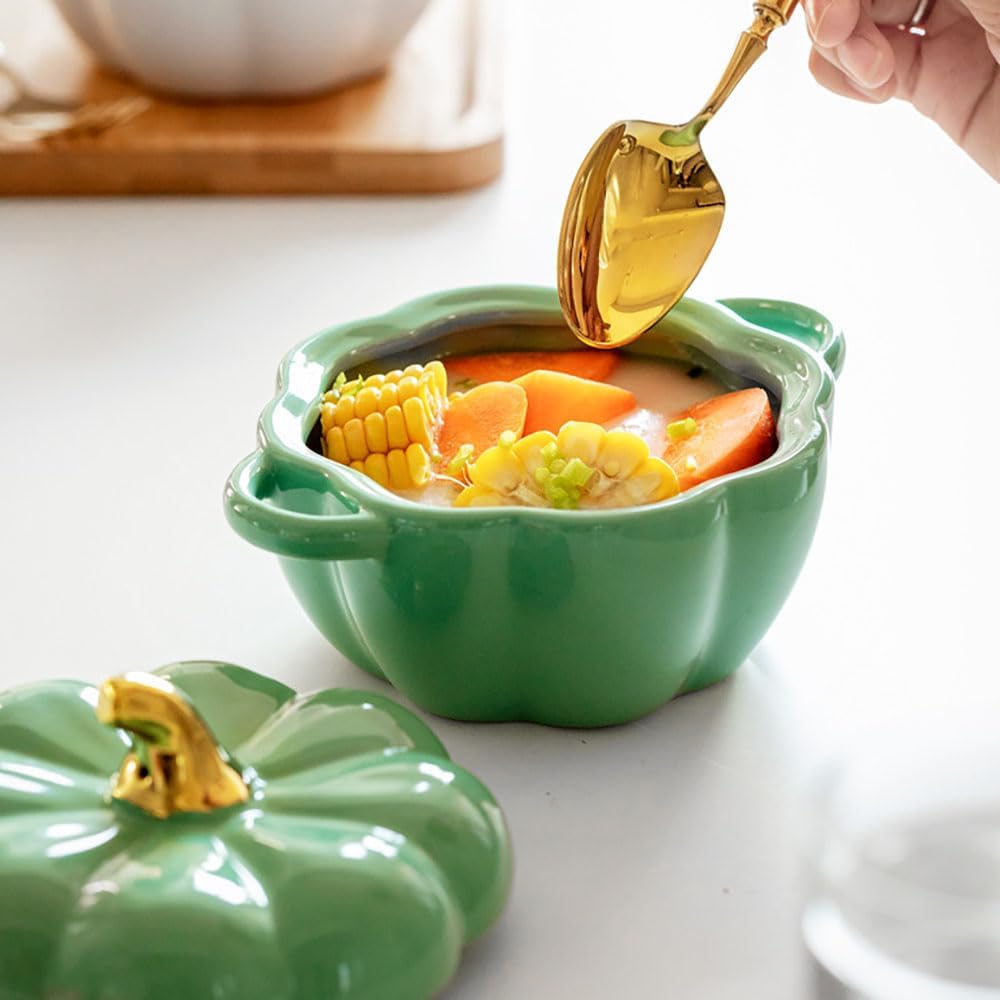 Skiennix Pumpkin Bowl Set - 14 Oz Ceramic Ramekins with Lid & Handle | Oven Safe Stoneware in Green
